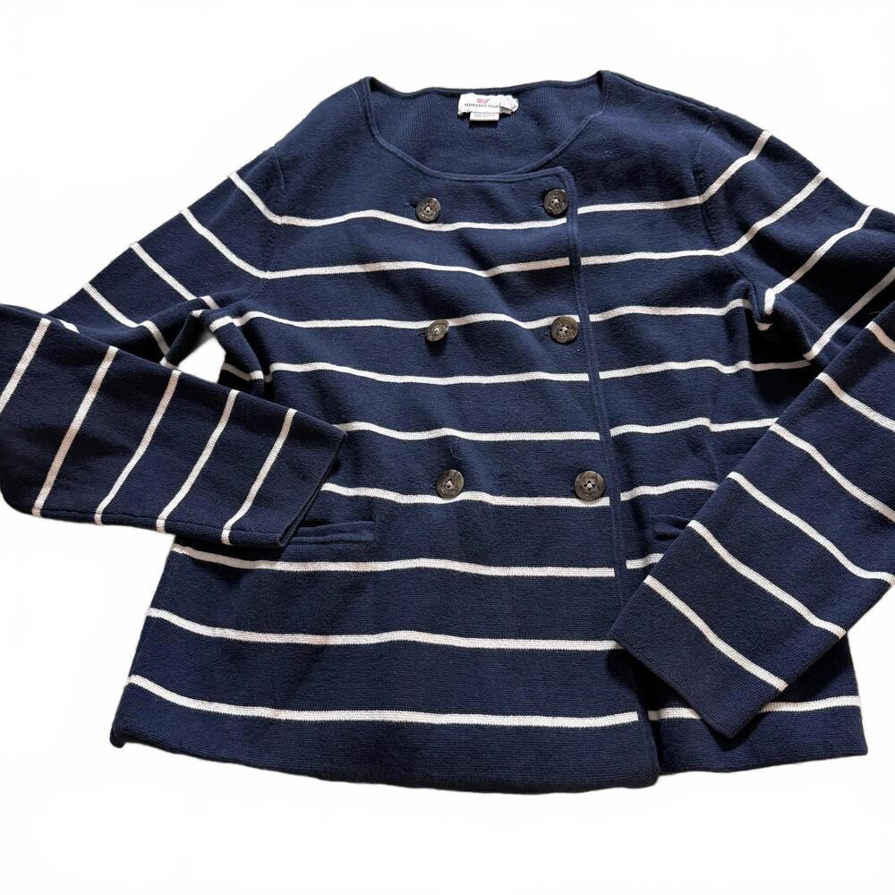 VINEYARD VINES Wms SZ M Navy/White Striped Double Breasted 100% Cotton Sweater